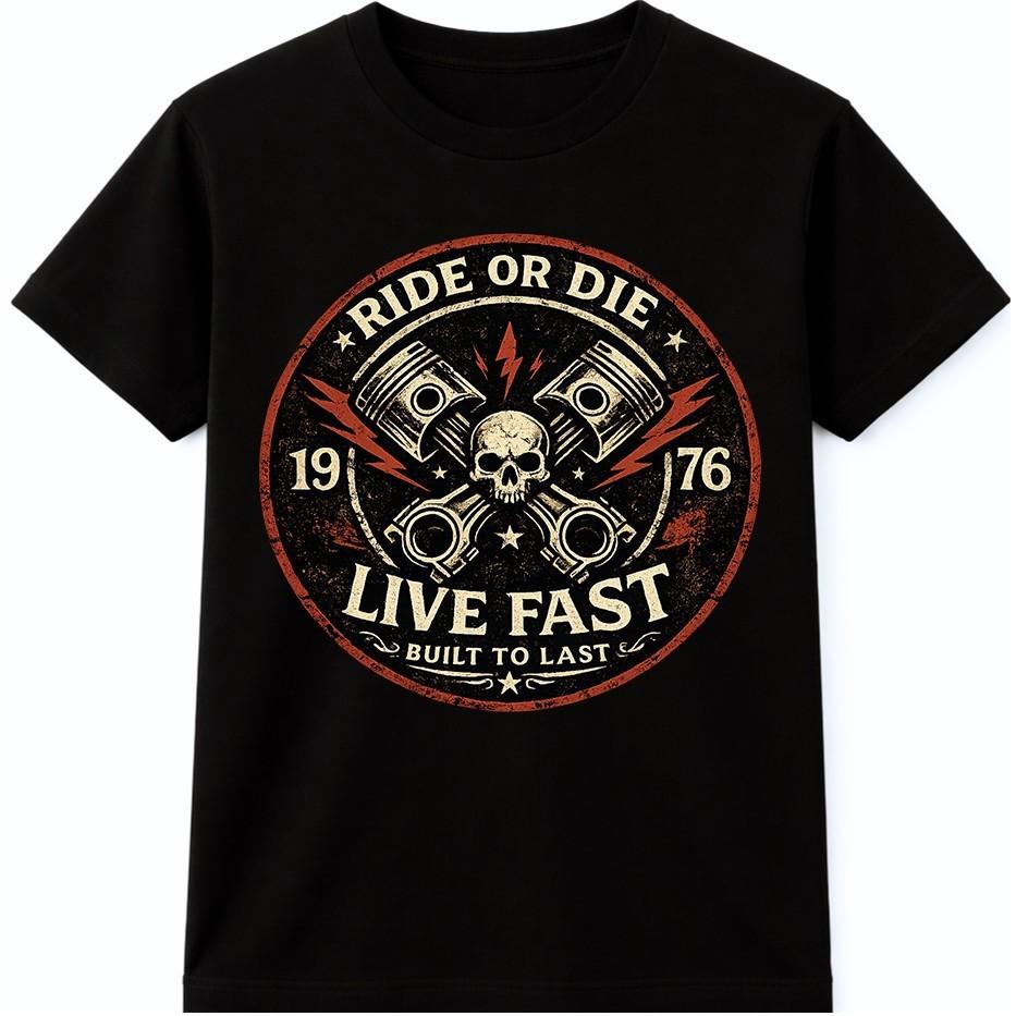 Футболка байкера Ride Or Die Live Fast Череп Поршни Гараж Винтажная Графическая футболка XXXXL