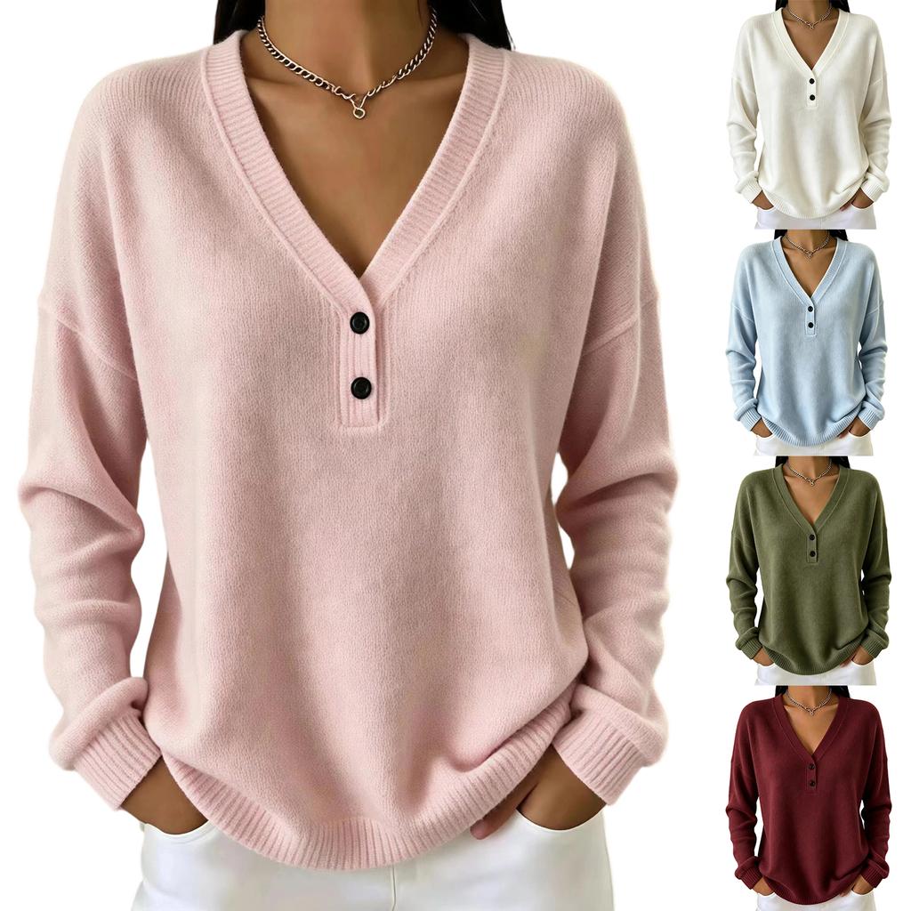 Women's V-Neck Button Color Sweater, Stylish Versatile Knit Layering Top for Casual Wear