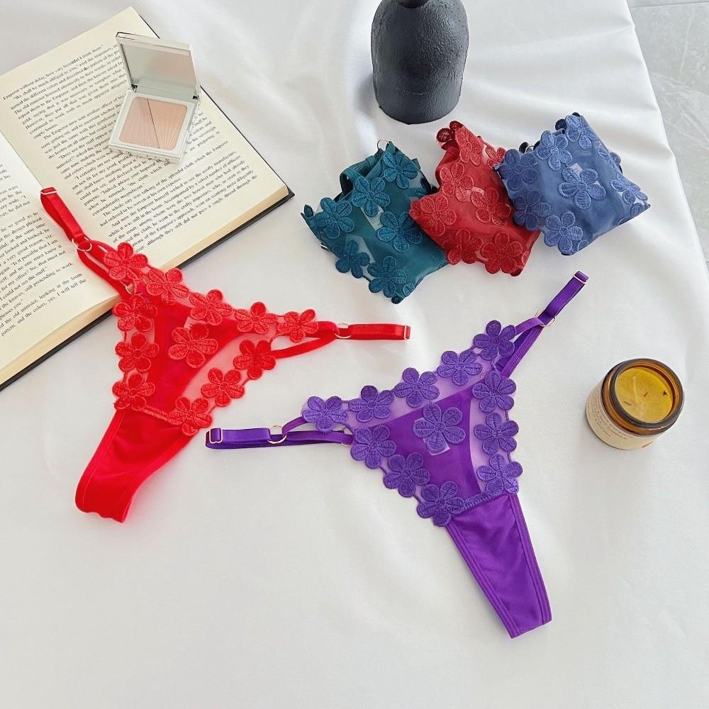 Low Waist Underwear for Women Mesh Hollow Thin Belt Thong Embroidery Floral Panties  Hotel