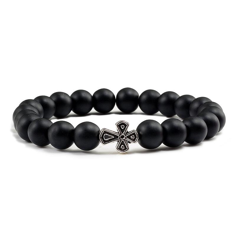 Men s European-American Style Beaded Bracelet with Volcanic Frosted Stone and Turquoise Cross