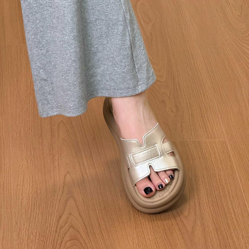 Summer champagne thick-bottomed one-word drag women's summer outer wear non-slip casual woven beach cool slippers