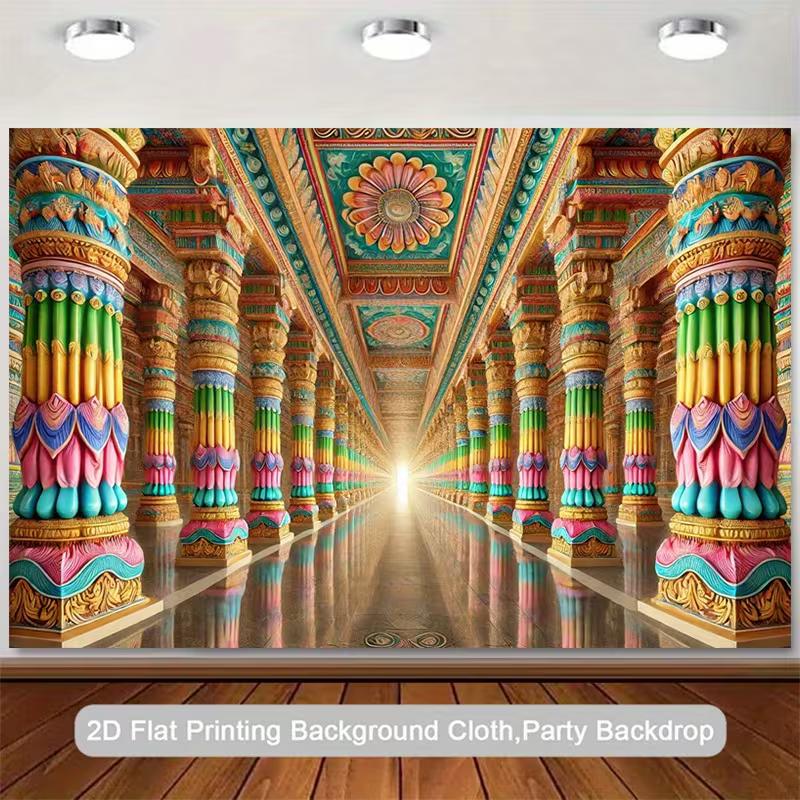2D Indian Temple Corridor Backdrop, Colorful Ornate Pillar for Hindu Festival Photography