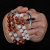 Red Stone White Crystal Rosary Beads Necklace Women Men Catholic Christ Hematite Cross Pendant Necklace Meditation Mala Jewelry