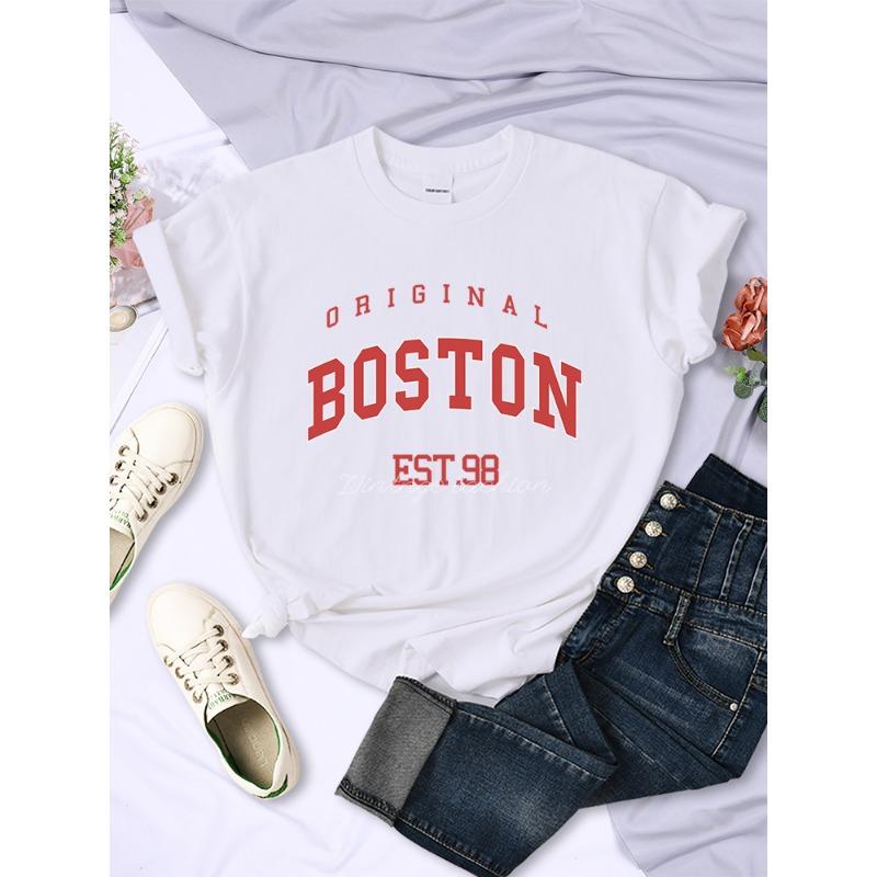 

Оригінальна футболка з написом Boston Est.98 Street Жіноча Літня Дихаюча Футболка Хіп-Хоп Повсякденна Крута з Коротким Рукавом М який Вуличний Одяг S