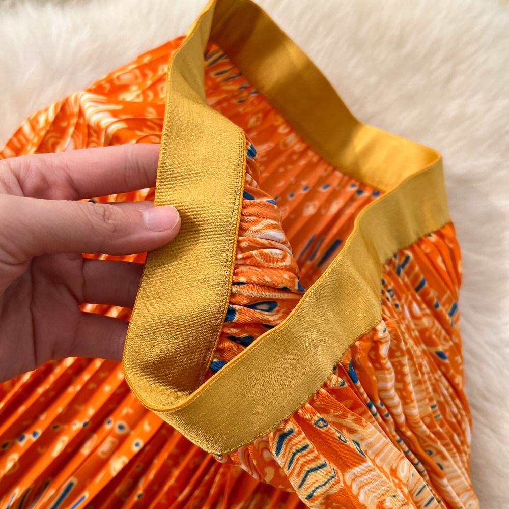 Spring Summer Women Elegant Print Elastic Waist Long Maxi Holiday Beach Pleated Skirt Only Have One Size