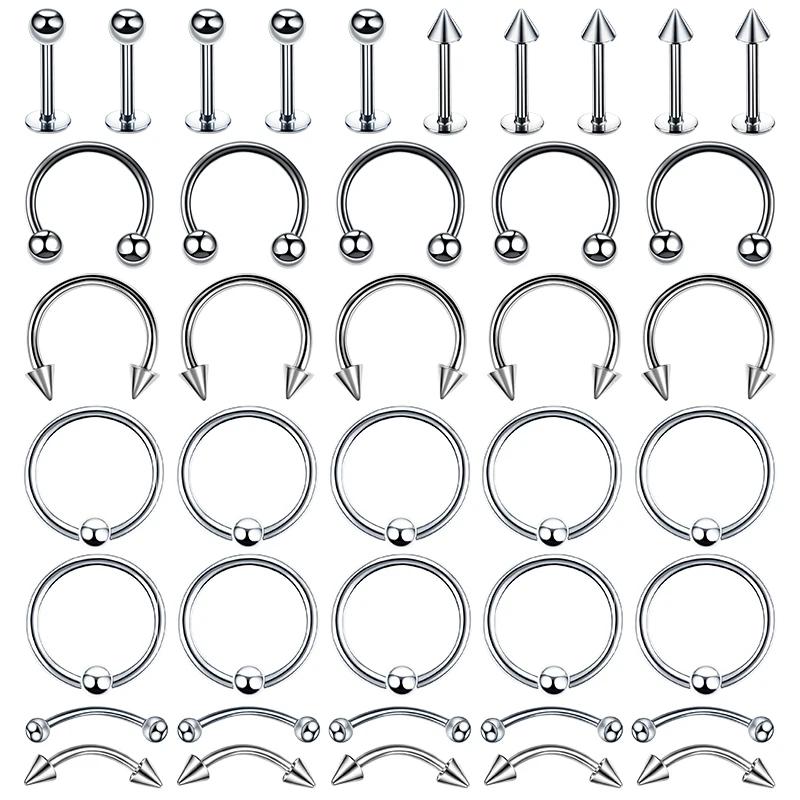 40Pcs Surgical Steel Body Piercing Jewelry Lot Bulk Nose Ring Tongue Bar Lot Eyebrow Labret Piercing Set Horseshoe Ring Lot Pack 40pc type1
