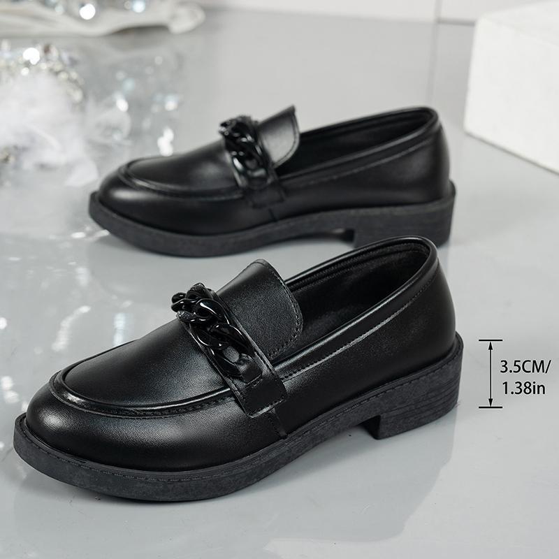 Fashion Chain Decor Patent Leather Women's Loafers Comfortable Slip On Med Heel Student Shoes Woman Plus Size Point Toe Oxford Shoes 42