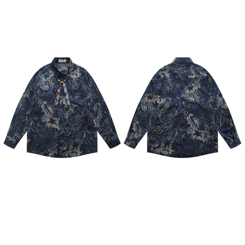 American Vintage Blue Baroque Long Sleeve Shirt Loose Casual Button-Down Top Men Women