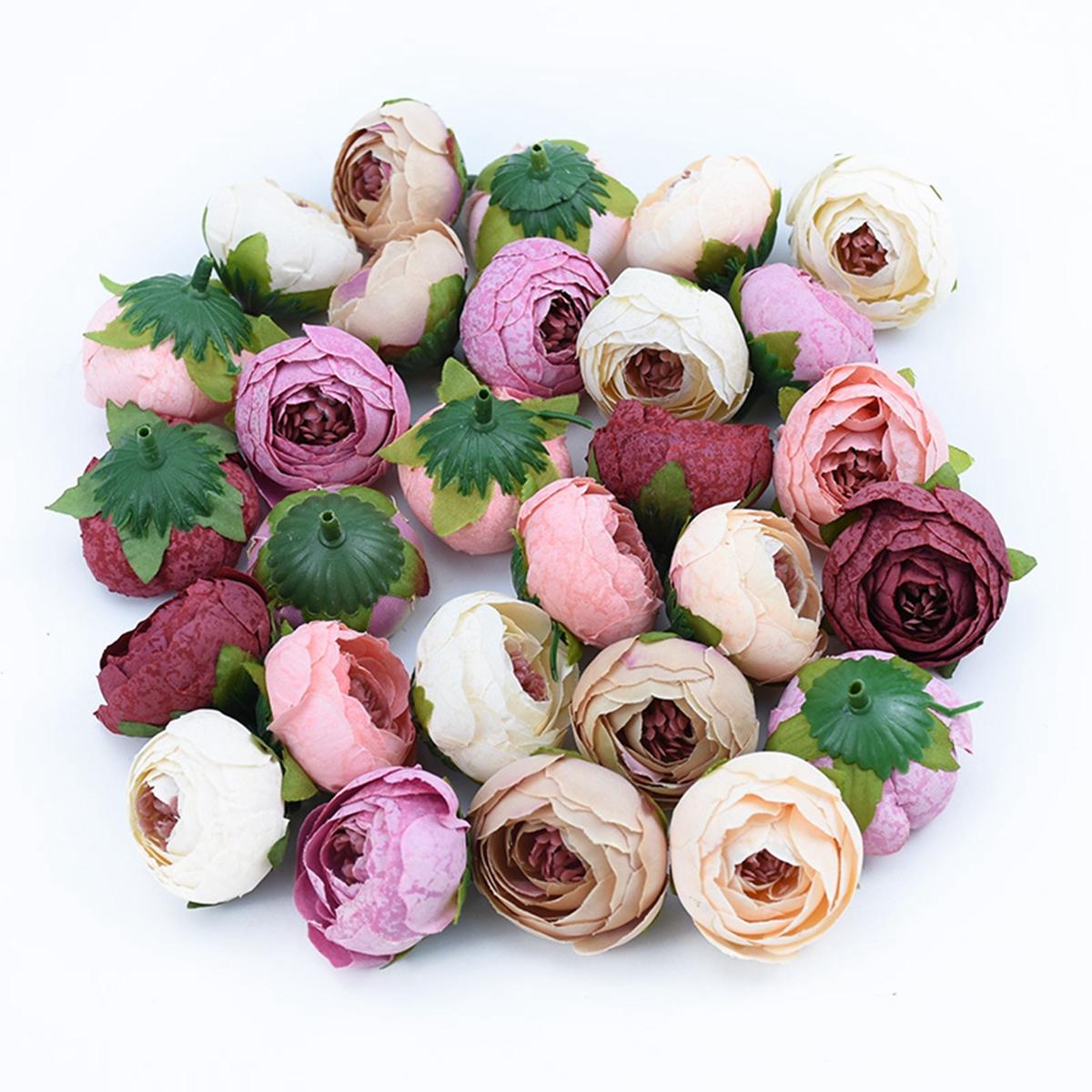 

100PCS Silk Tea Roses Bud Artificial Flowers Diy Gifts Candy Box Christmas Decorations Home Garden Wedding Holiday Supplies 50PCS