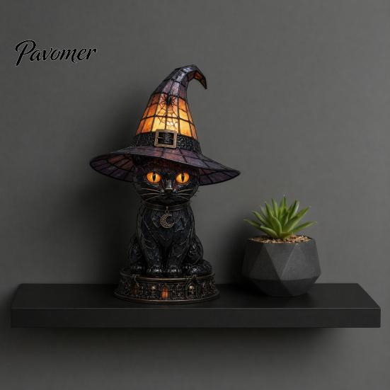 Spooky Home Decor Light Halloween Witch Cat Night Light, Resin Table Lamp with Warm Cozy Fall Glow, Gothic for Bedroom Shelf, Gift Mantelpiece