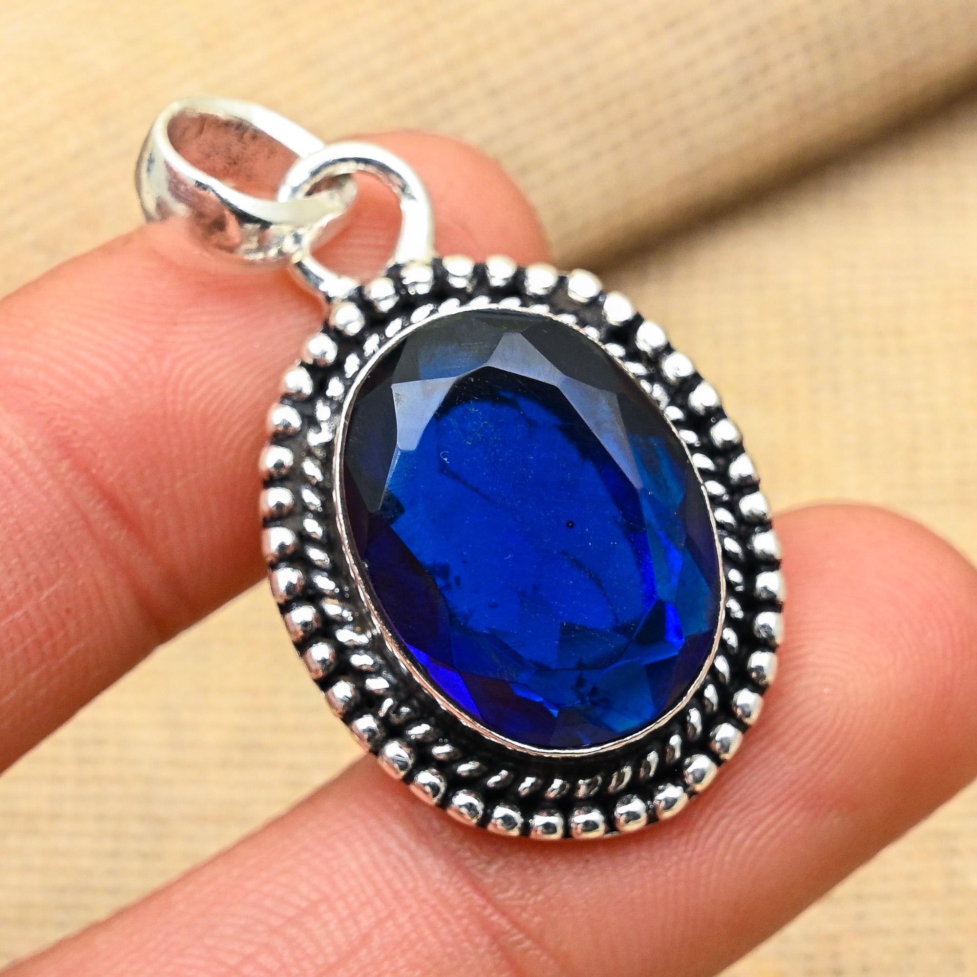 

Удивительный синий сапфир, созданный в лаборатории драгоценный камень, ювелирная подвеска ручной работы из стерлингового серебра 925 пробы