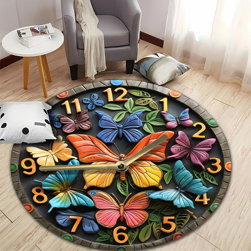 HD butterfly-themed 3D wall clock printed Rug, non-slip decor mat for children's room round carpet for home sofa bedroom, gift