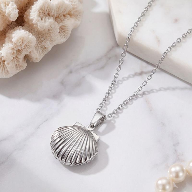 Stainless Steel Shell Heart Locket Necklace Silver Gold Tone For Women