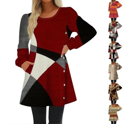Fashion Women Round Neck Printing Button Long Sleeve Casual Loose Dress