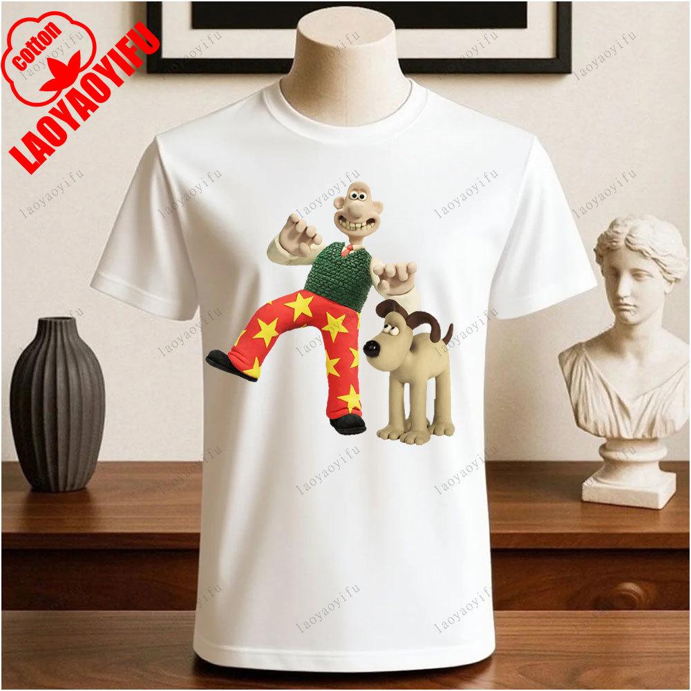 Wallace und Gromit Bedruckte T-Shirts Tops Cartoon und Anime Bedrucktes T-Shirt Wochenende Retro Grafik-Tee Vintage Ästhetik