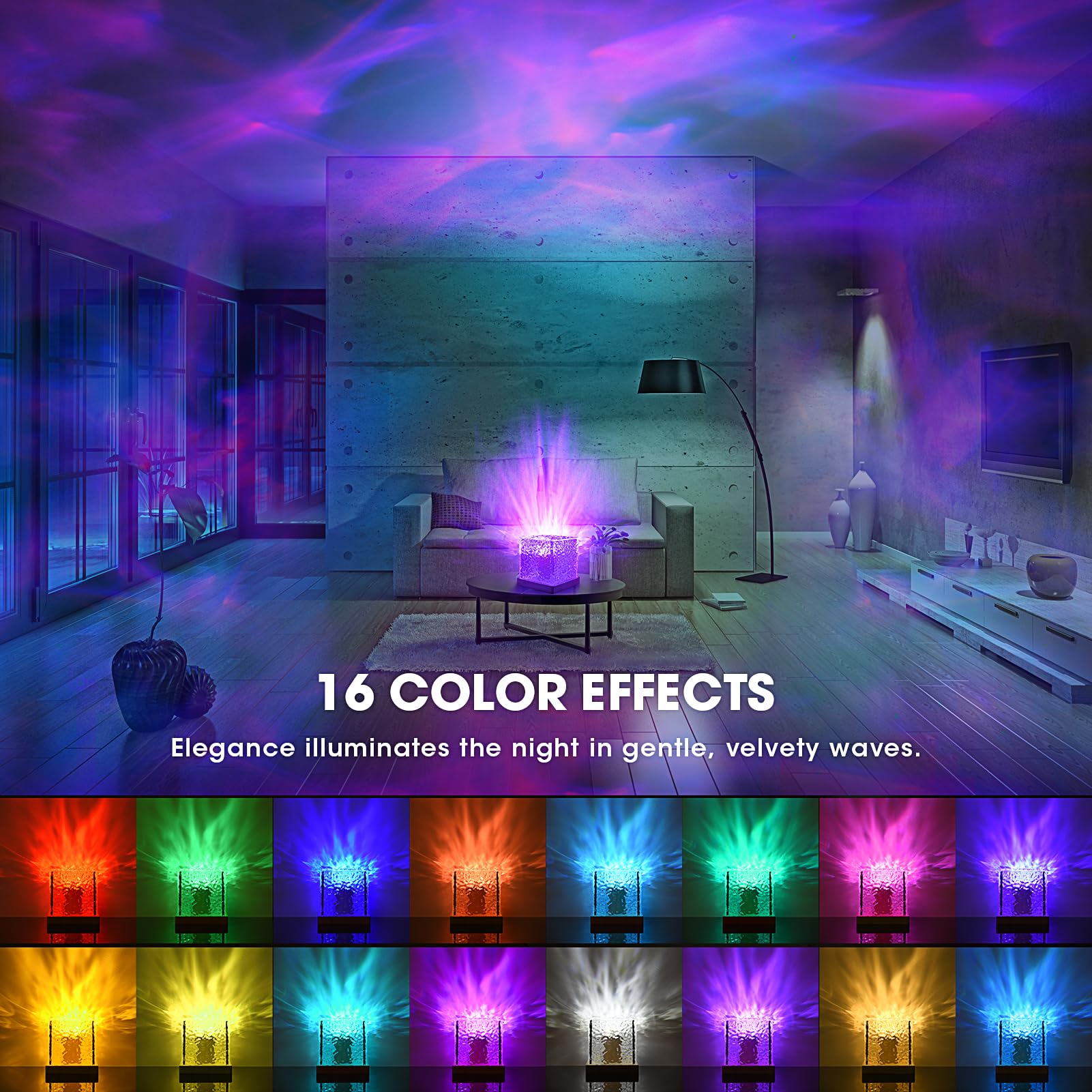 

Cube Shape Northern Light Ocean Wave Projector Light 16 Colors Gradual Rotating Flame Lamp A