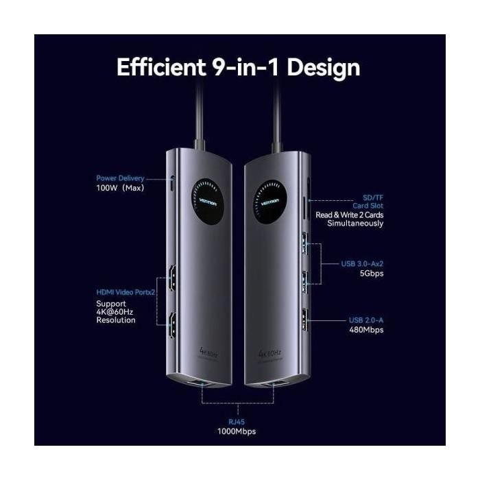 Docking USB Tipo-C Vention TQVHB- 2xHDMI- 3xUSB- 1xRJ45- 1xLector de Tarjetas- 1xUSB Tipo-C PD- Gris
