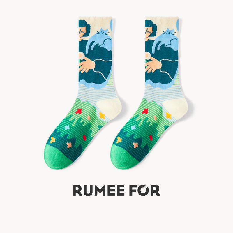 Hirsch Ölgemälde Mid-Calf Damen Socken - Trendige gekämmte Baumwolle, Schweißabsorbierend, Dopamin-Stil