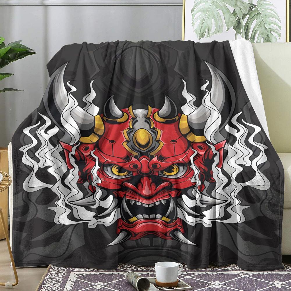 Demon Oni Mask Throw Soft Flannel Throw Summer AC Blanket Lightweight Cool Nap Blanket for Sofa Bed Couch Travel 75x90cm