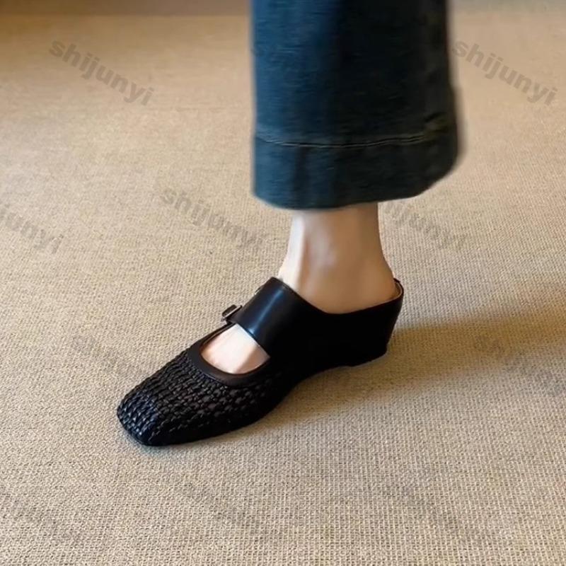 Fashion Women One Word Half Slippers New Weave Breathable Mesh Hollow Sandals Outdoor Fashion Buckle Strap Height Increase Casual Shoes