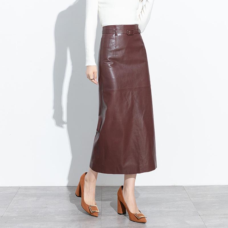 Women's Korean Style Lambskin Midi Skirt with Back Slit - Genuine Leather, Versatile, Hip-Hugging, One-Piece Long Skirt for Spring and Autumn.
