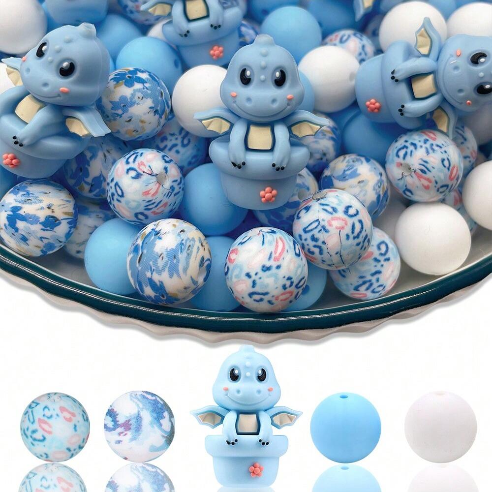 30PCS Silicone Bead Set - Cute Dinosaur, Plant & Flower Designs for DIY Jewelry, Keychains, Bracelets & Craft Pens
