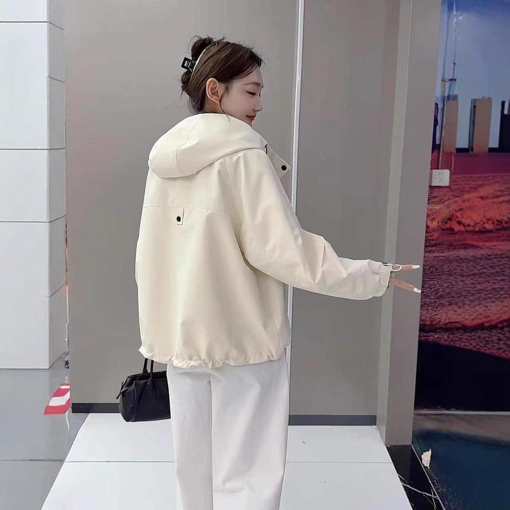 Geacă de vânt cu glugă pentru femei, croială largă - Stil coreean versatil, design scurt cu șnur pentru primăvară și toamnă