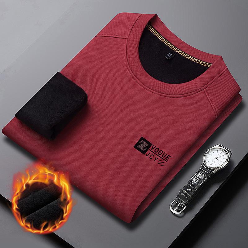Men's Long Sleeve Round Neck Sweatshirt - Thick Velvet, Warm Base Layer for Autumn/Winter Fashion