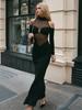 Autumn Women's Fashion Solid Color Mesh Splicing Pleated Long Sleeve Dress