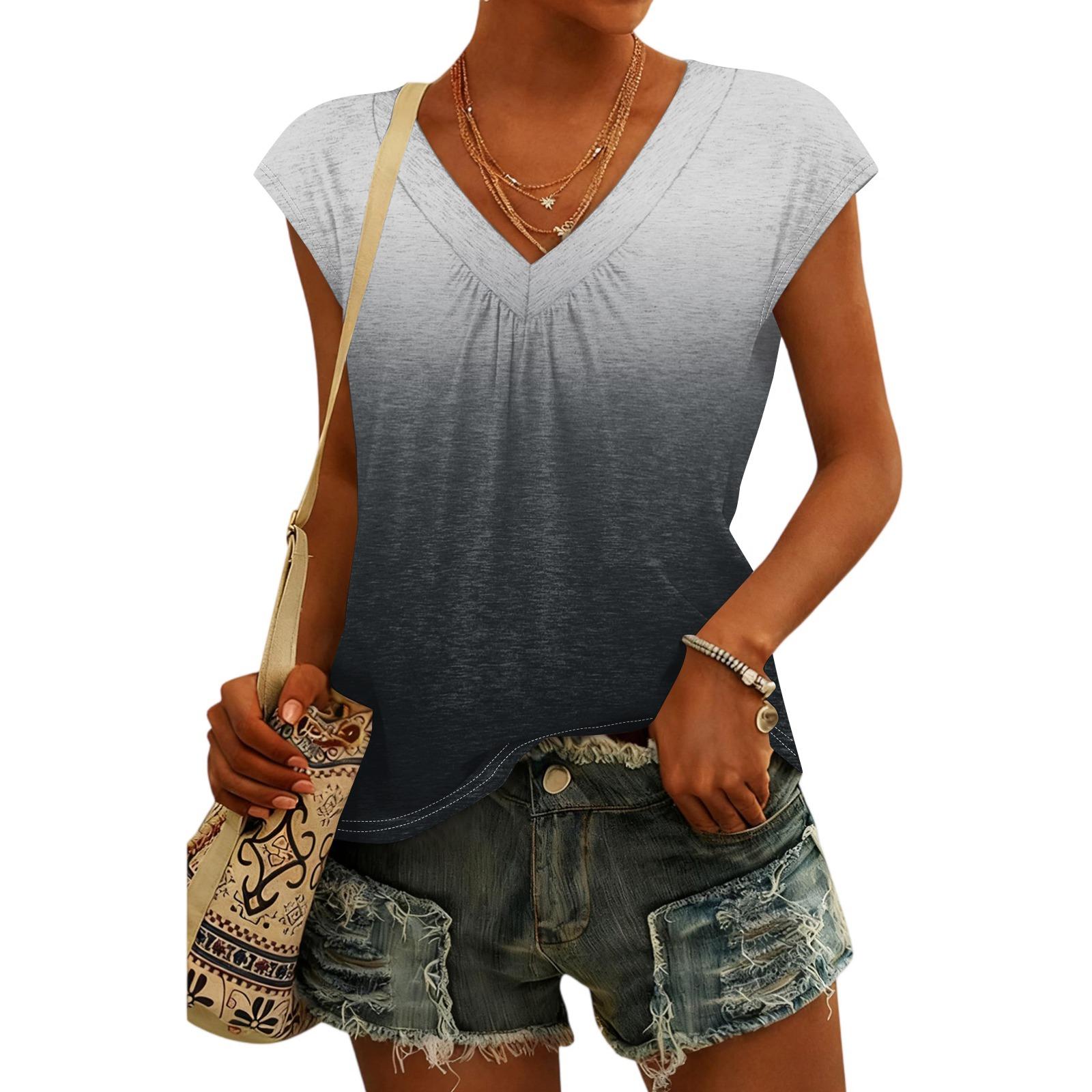 Women s Fashion V-neck Gradient Print Short Sleeve Top L