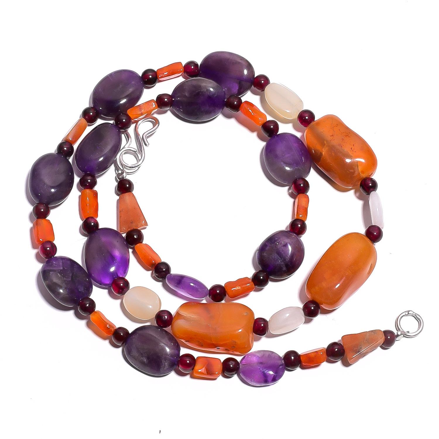 

Natural Carnelian Amethyst Moonstone Gemstone Smooth Beads Necklace 17 UB-4351 UB-4351
