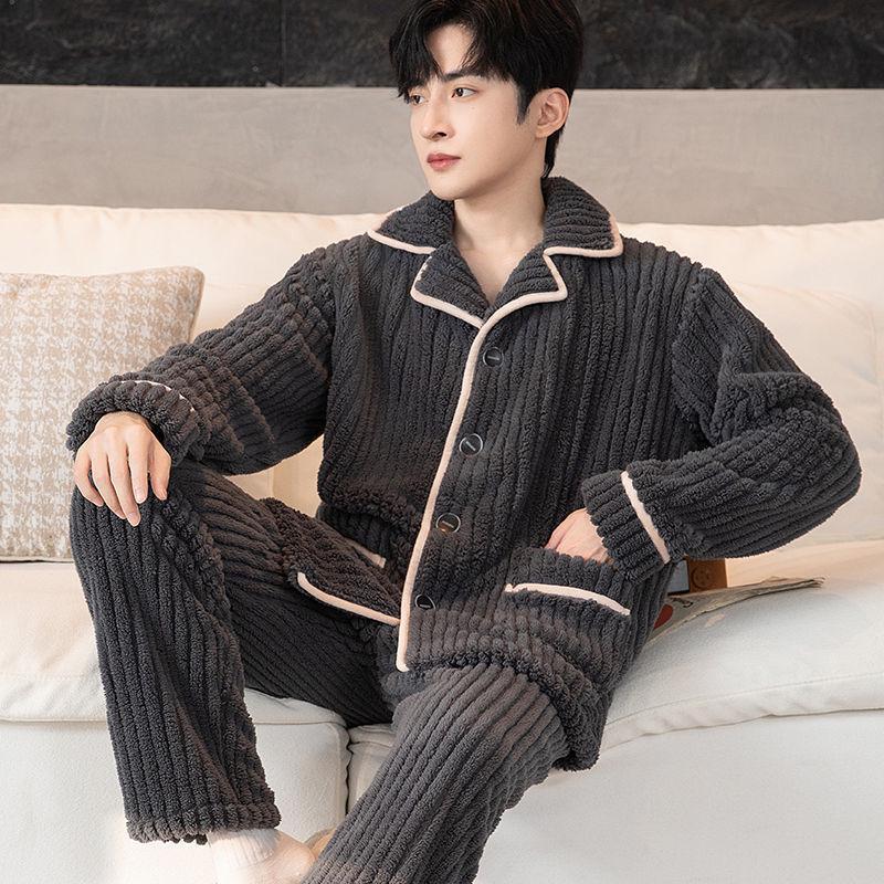 Men's Plus Size Flannel Fleece Home Wear Set - Thickened for Autumn and Winter