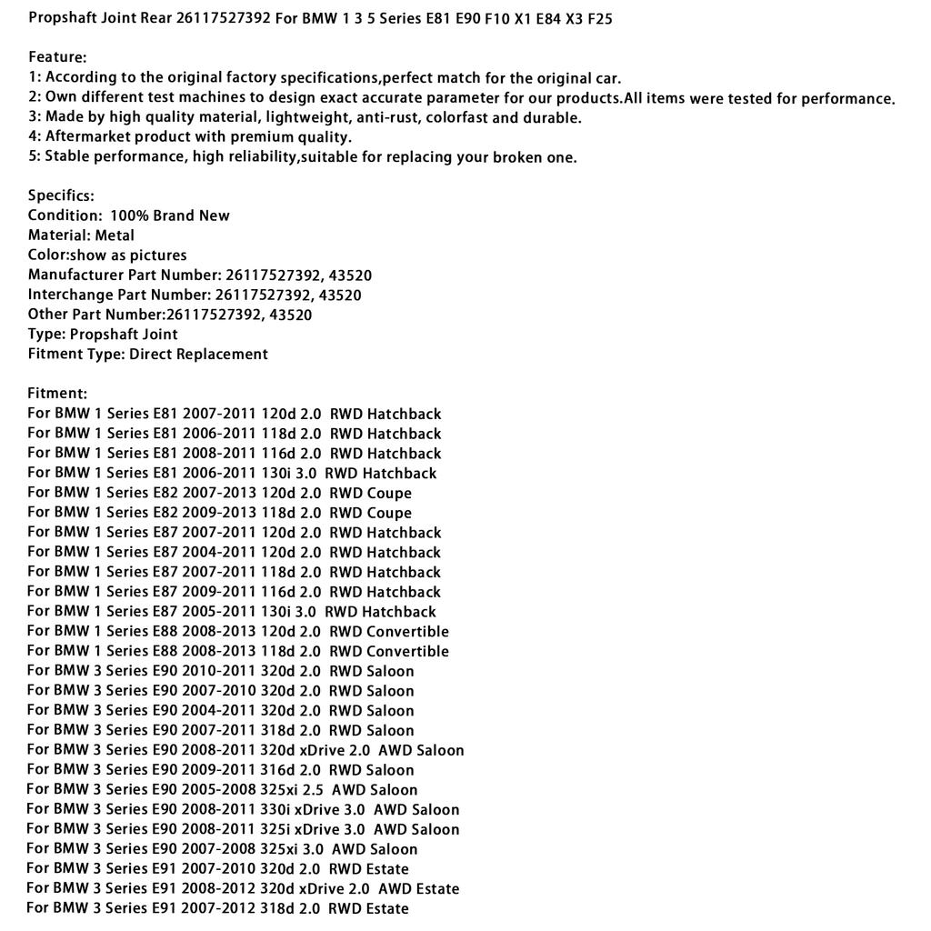 Propshaft Joint Rear 26117527392 For BMW 1 3 5 Series E81 E90 F10 X1 E84 X3 F25