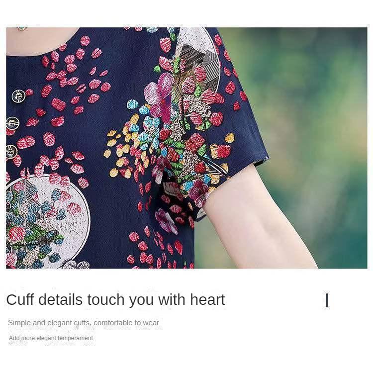 Dámské krátkorukávové s velkým potiskem Ledové hedvábí Krátkorukávové Volné Velké Velikosti Top Trhané Květiny Sto Triček