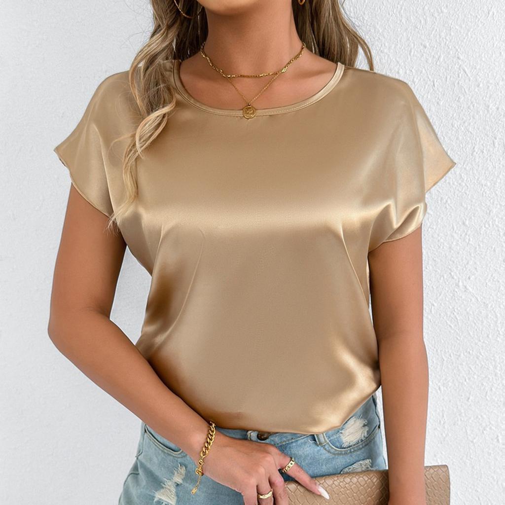 Damen Modisches Lässiges Einfarbiges Rundhals Kurzarm-Top Kurzarm-Top