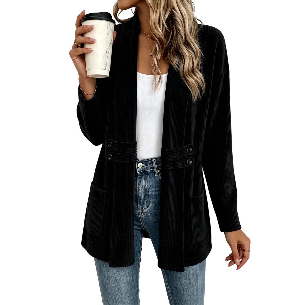 Women's Casual Double Breasted Corduroy Cardigan Mid Length Relaxed Fit Versatile