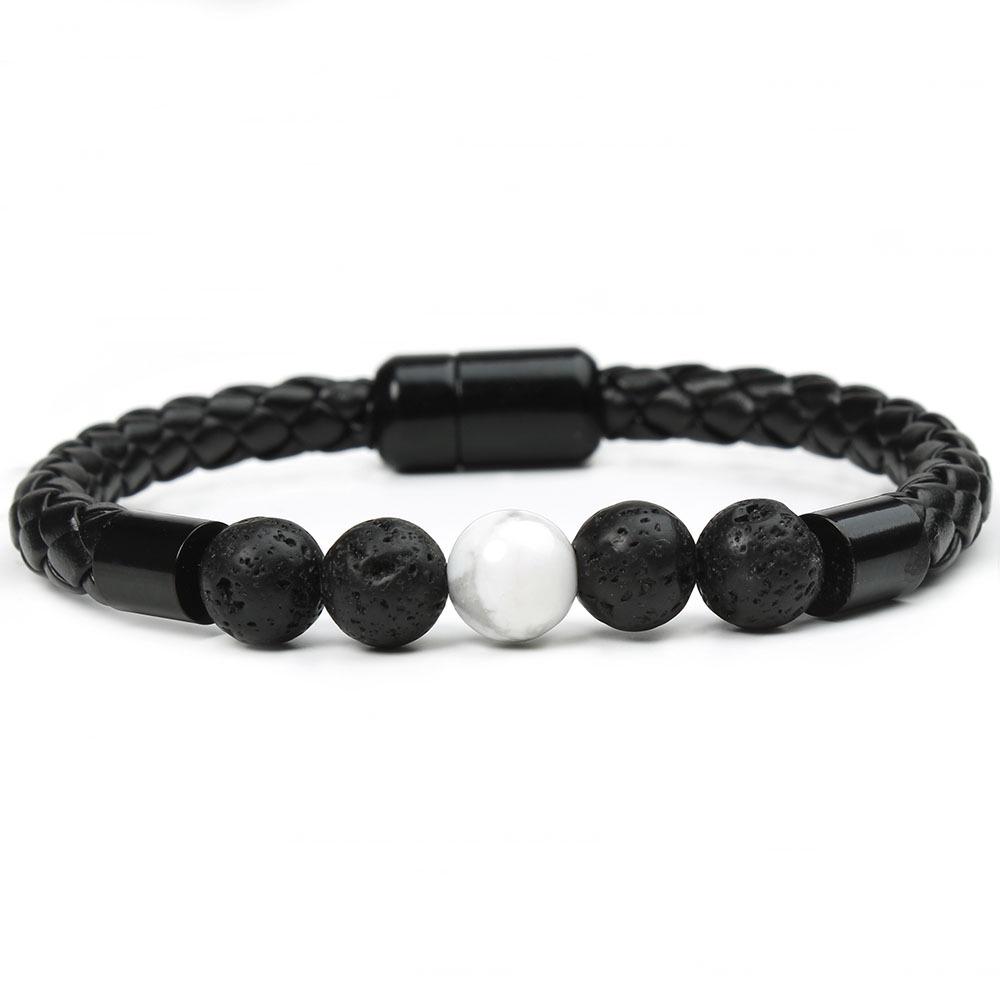 New Men's European American Style Stone Beaded Leather Bracelet with Magnetic Buckle