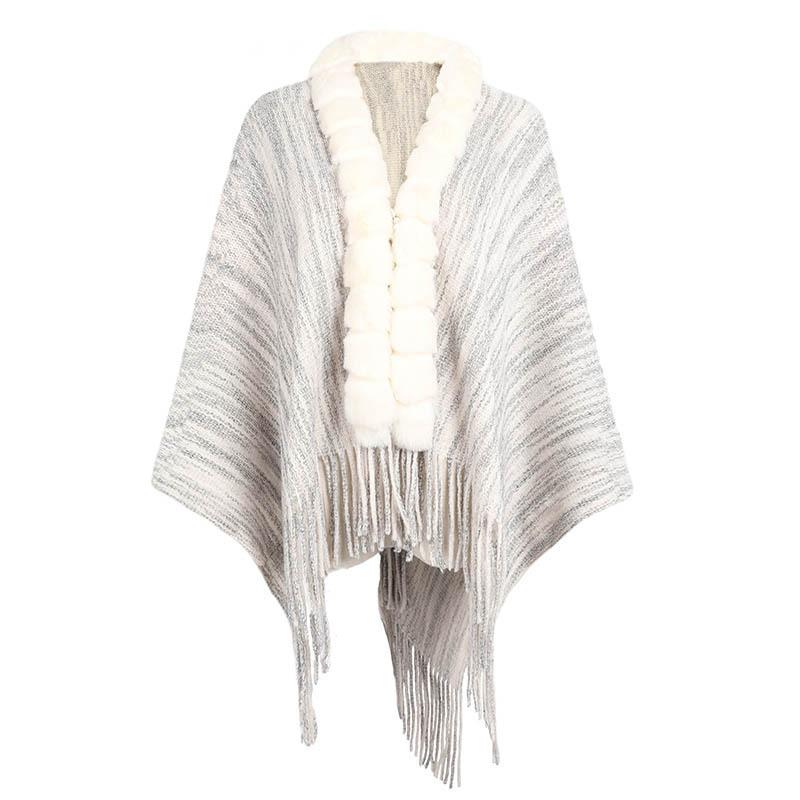Warm Fur Collar Knitted Shawl Cardigan Cape Shawl Polyester Plus Size Women'S Shawl