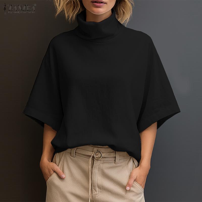 

ZANZEA Женская водолазка Свободная летняя повседневная блузка с полурукавом XL чёрный