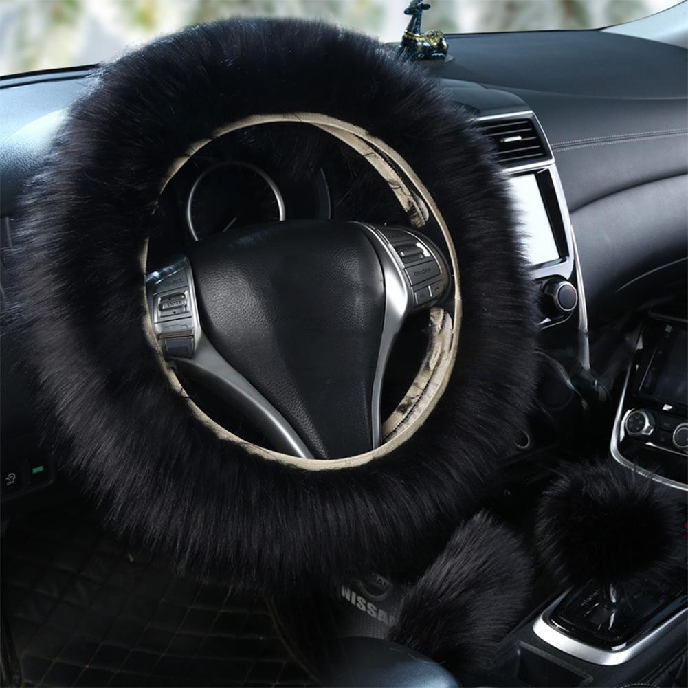 3 Stuks Effen Zacht Warm Lang Wol Pluizig Stuurwielhoes Wol Handrem Auto Accessoire Schapenvacht Pluche Beschermhoes Set