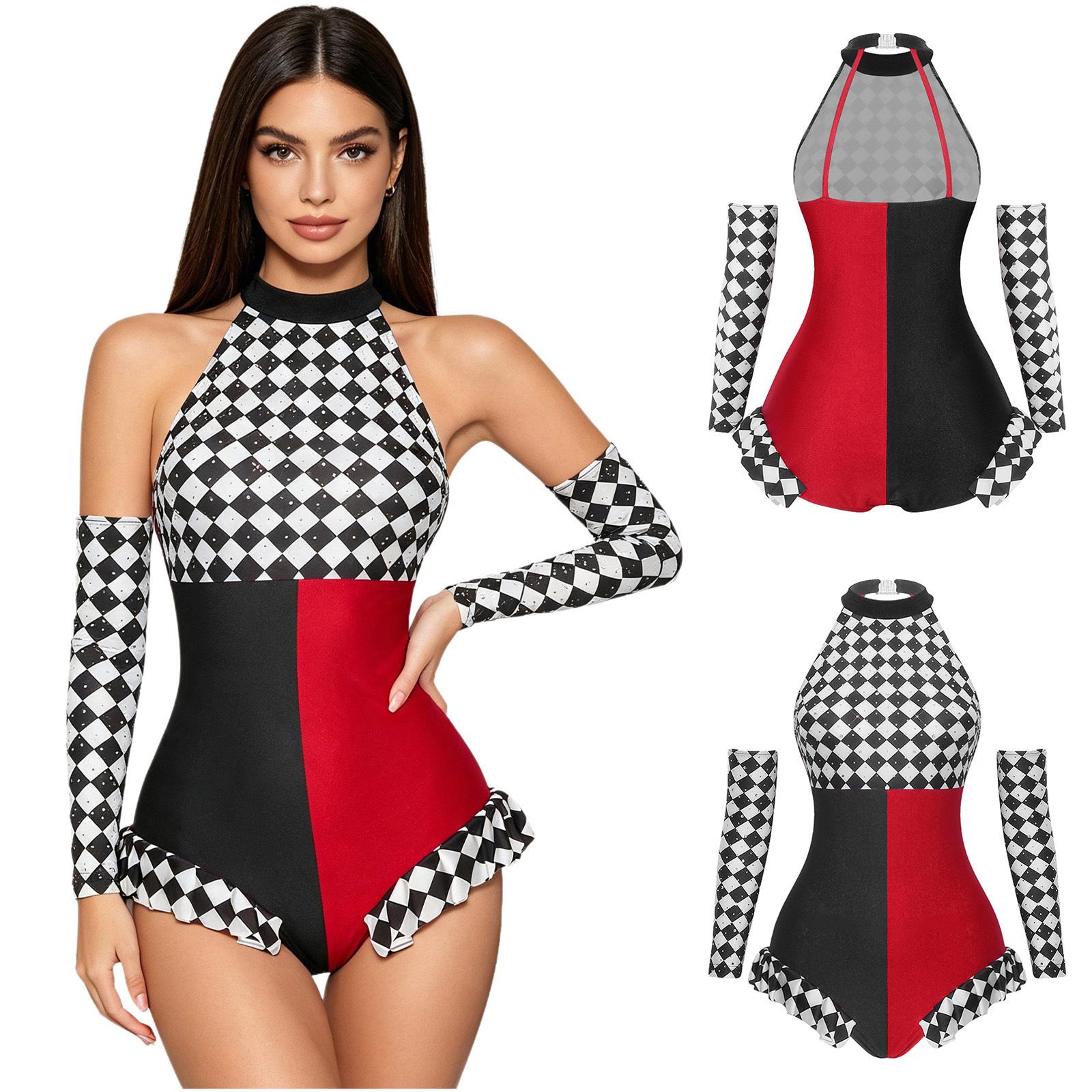 Damen Halloween Clown Kostüm Neckholder Rückenfrei Color-Block Bodysuit Rüschenbesatz mit Strassschachbrett Handschuhe L red