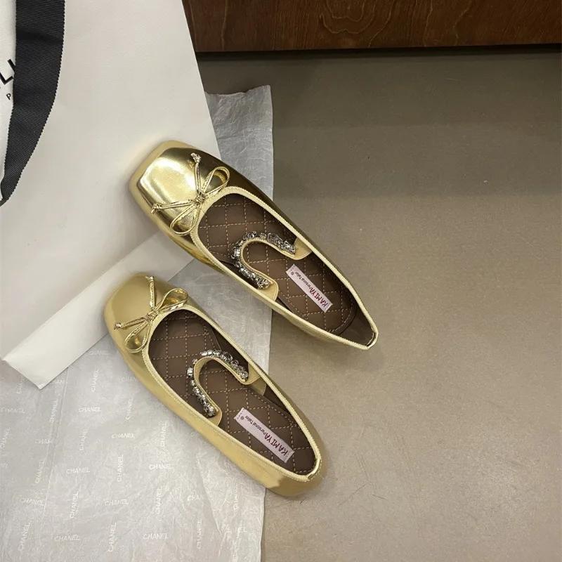 

Fashion Metal Rhinestone Chain Ballet Flat Shoes Square Bow Single Shoes French Mary Jane Silver Shiny Leather Woman Flat Sandals 35-40 35 золотой