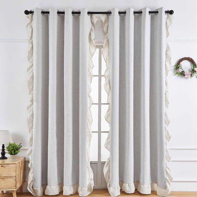 Ruffle Semi-Sheer Curtains, Plain Faux Linen Textured Vintage American Farmhouse Curtain Set for Living Room, Bedroom, Study