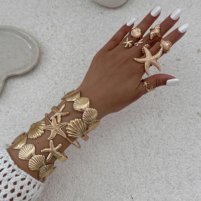 Ingemark 12Pcs/Set Punk Starfish Scallop Open Cuff Bangles Adjustable Rings for Women Boho Armband Bracelets Summer Jewelry Set