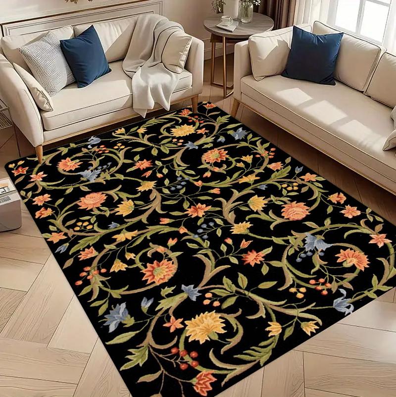 Black Background Multicolor Floral Rug Carpet Mat Non-Slip for Living Room Bedroom Bohemian Home Decor