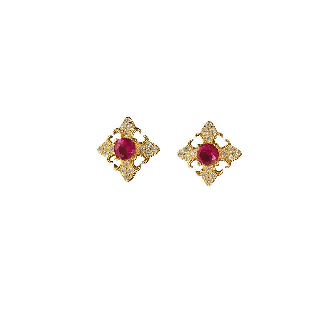 18K Gold-Plated Sterling Silver Stud Earrings with Red Diamond, Women's Versatile French Style Ear Jewelry.