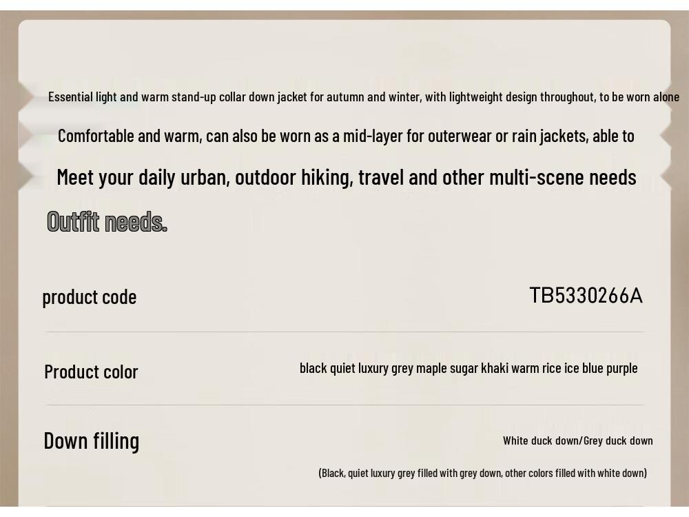 Tanboer Women's Lightweight Short Stand Collar Down Jacket TB5330266A