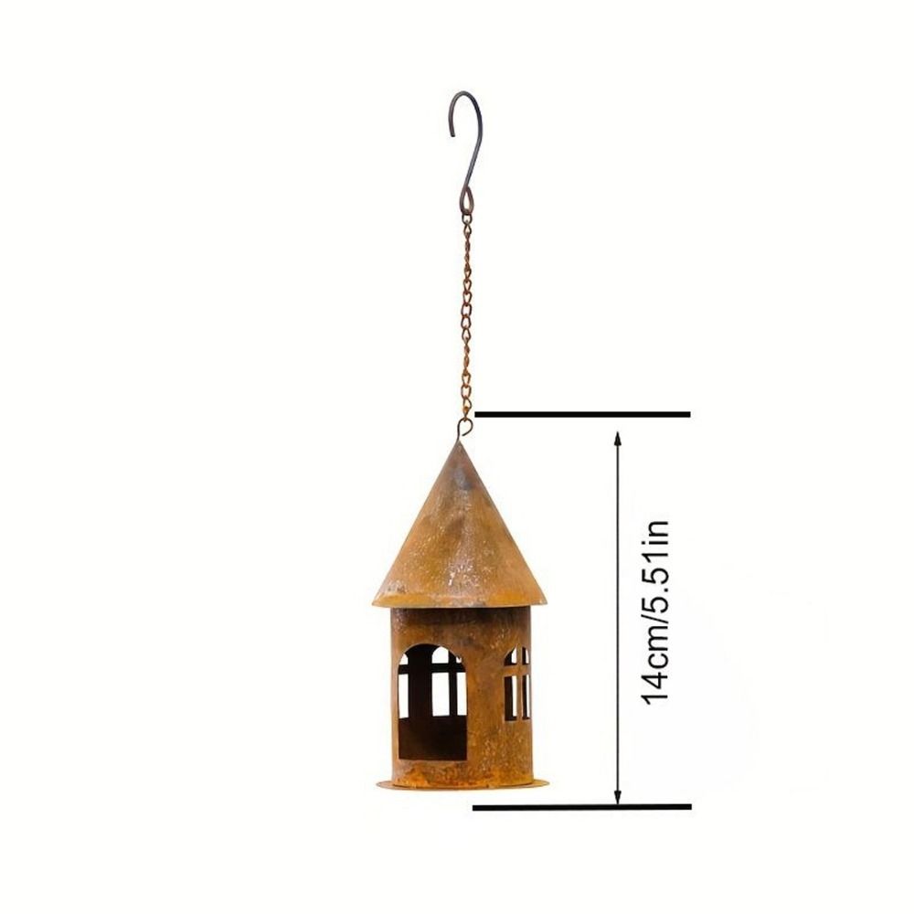 Iron Hanging Castle Candle Holder Rustic Hanging Bird Feeder Rusty Castle Candlestick for Garden