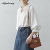French Style Spring Summer Women Blouse V Neck Casual Loose Shirt Lantern Half Sleeve Basic Office Lady Blouse