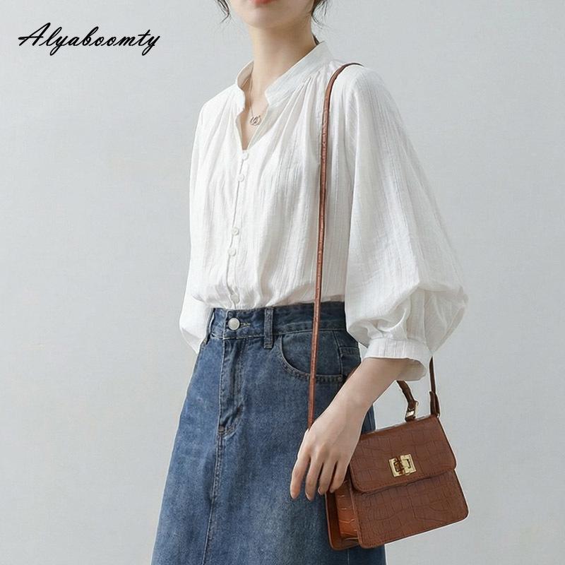 French Style Spring Summer Women Blouse V Neck Casual Loose Shirt Lantern Half Sleeve Basic Office Lady Blouse